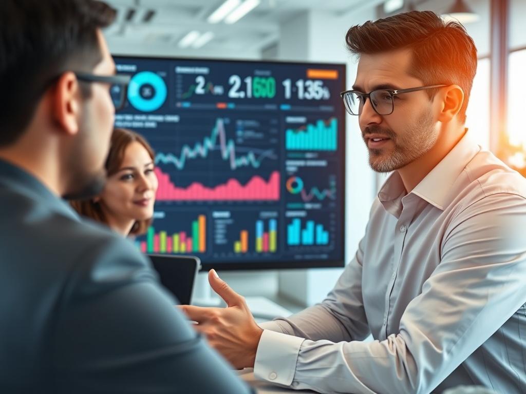 A hyper-realistic close-up shot of a professional discussing Big Data strategy with a client in a modern office setting. The image should showcase a digital dashboard displaying data analytics on a screen, with a focus on engaging interaction. Utilize a clean background with a hint of technology elements, and ensure the color palette complements rgb(2, 86, 197). The lighting should be bright and inviting.