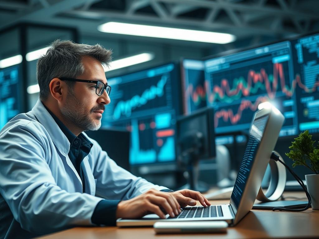 A hyper-realistic close-up shot of a data scientist analyzing machine learning algorithms on a laptop in a high-tech office environment. The background should feature graphs and data visualizations, with a focus on the screen and the scientist's expressions of concentration and insight. The lighting should be bright and tech-oriented, with colors that align with rgb(2, 86, 197).