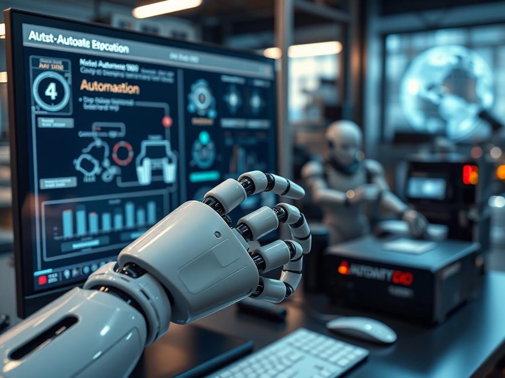 A hyper-realistic close-up shot of a robotic hand interacting with a computer interface displaying automation processes. The setting should be a sleek, modern workspace with technology and automation elements in the background. The lighting should be soft yet focused on the hand and screen, emphasizing innovation, complemented by the rgb(2, 86, 197) color scheme.