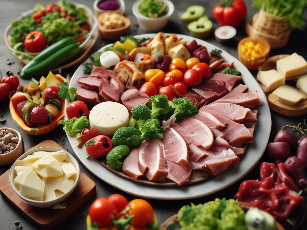 A close-up shot of a beautifully arranged gourmet platter featuring an assortment of fresh, vibrant vegetables, artisanal cheeses, and succulent grilled meats, set against the serene backdrop of a shimmering lake. The focus should be on the details of the food, showcasing the textures and colors, with soft lighting to enhance the appetizing appearance. The primary color rgb(2, 86, 197) should be subtly integrated into the decor surrounding the platter.
