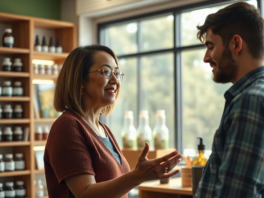 Create a realistic high-resolution photograph focused on a single subject: a friendly, knowledgeable cannabis consultant in a modern, inviting medical dispensary setting. The consultant, a middle-aged woman with a warm smile and glasses, should be positioned slightly off-center in the foreground. She is engaged in a conversation with a first-time patient, a young adult male with a curious expression, who is absorbing the information being shared. 

The background should depict a well-organized, aestheticall