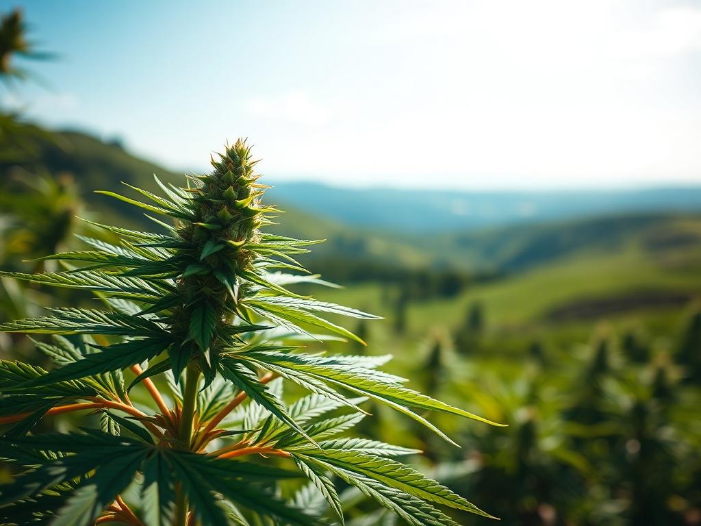 Create a realistic high-resolution photo focusing on the subject of a single robust cannabis plant in its natural environment. The composition should center on the cannabis plant, showcasing its vibrant green leaves and distinctive flowering buds in sharp detail, emphasizing the textures and colors that reflect its growth and vitality. 
The background should be a soft-focus image of a typical lush Maine landscape, featuring rolling hills and a clear blue sky, subtly hinting at the local environment where t