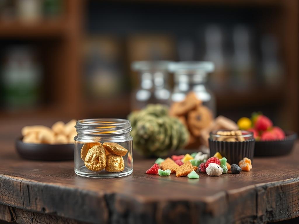 Create a realistic high-resolution photo that encapsulates the essence of cannabis product selection, specifically highlighting the difference between flower, concentrates, and edibles in the context of a Maine weed dispensary. 

**Composition**: Frame the image in a close-up shot, using a 45mm f/1.2 lens style to achieve a soft background blur (bokeh) that draws focus to the primary subject. 

**Subject Matter**: Feature a beautifully arranged display of three separate cannabis products on a rustic wooden 