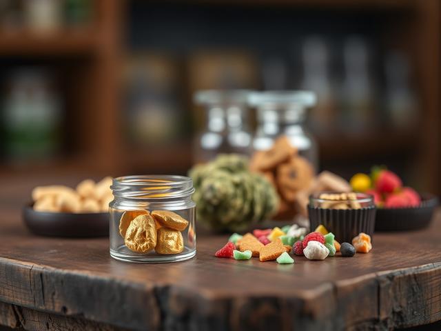 Create a realistic high-resolution photo that encapsulates the essence of cannabis product selection, specifically highlighting the difference between flower, concentrates, and edibles in the context of a Maine weed dispensary. 

**Composition**: Frame the image in a close-up shot, using a 45mm f/1.2 lens style to achieve a soft background blur (bokeh) that draws focus to the primary subject. 

**Subject Matter**: Feature a beautifully arranged display of three separate cannabis products on a rustic wooden 