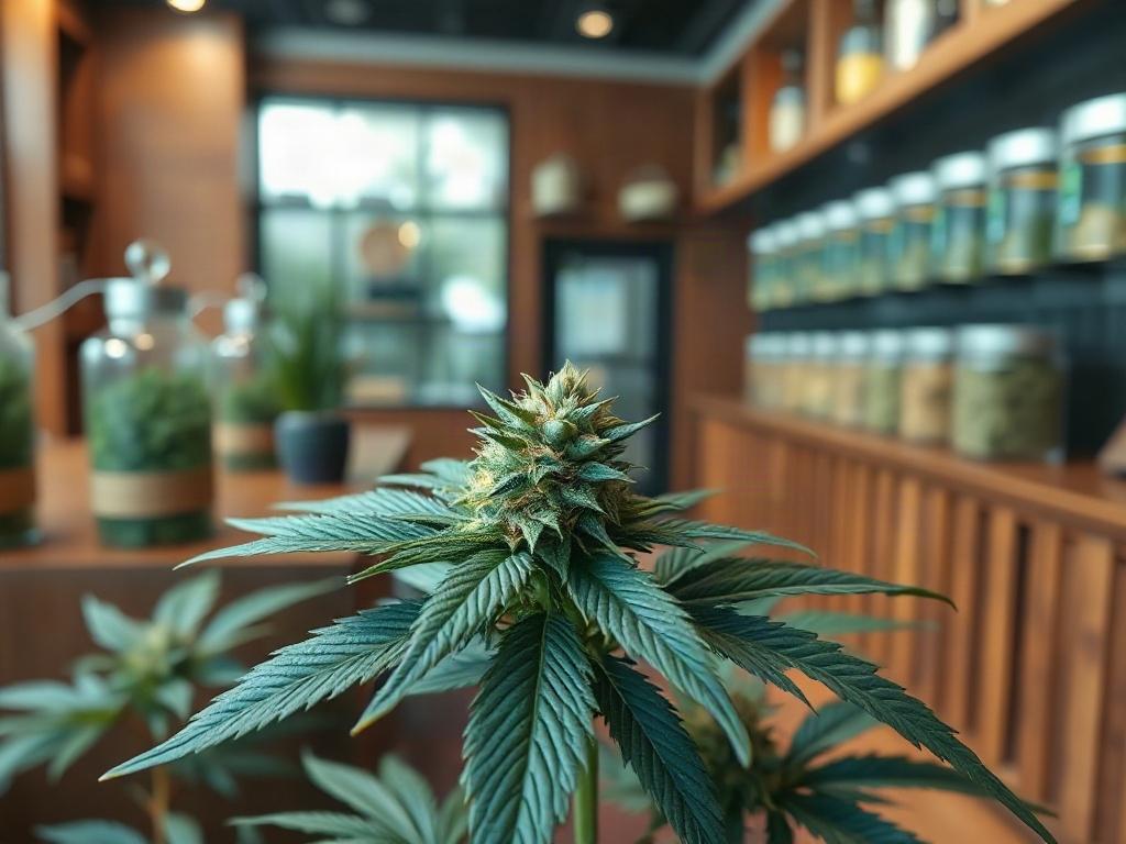 **AI Image Generation Prompt:**

Create a realistic high-resolution photo featuring a single subject that embodies the essence of a cannabis dispensary in Maine. The main focus of the image should be a close-up shot of a beautiful, well-manicured cannabis plant with lush green leaves and vibrant buds, highlighting its natural beauty and quality. The plant should be placed prominently in the center of the frame, allowing viewers to appreciate its intricate details, such as the trichomes glistening in the lig