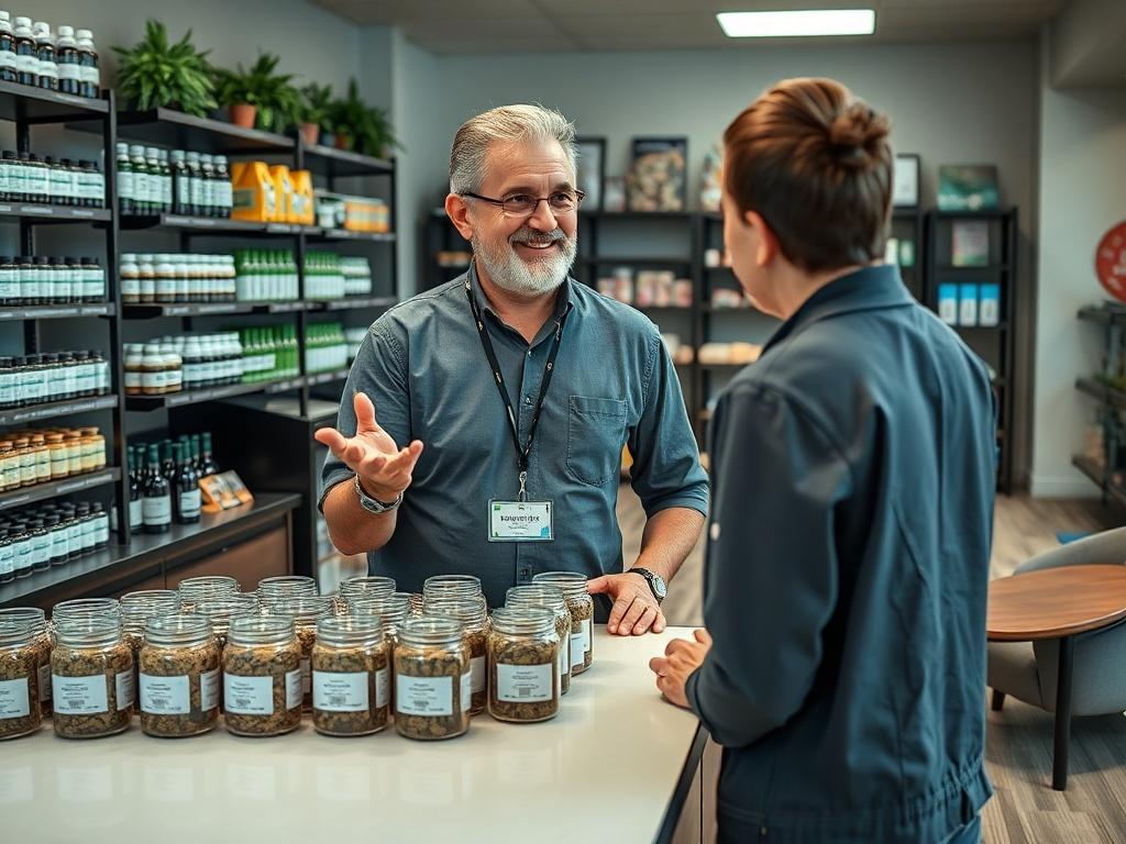 Create a highly detailed, realistic, high-resolution photograph of a budtender in a medical marijuana dispensary. The composition should be simple and clear, featuring only one subject: the budtender. They should be a middle-aged person with an approachable demeanor, wearing a professional yet casual outfit, including a name tag. The budtender should be displayed in a well-lit area of the dispensary, standing behind a sleek countertop filled with neatly arranged jars of various cannabis strains. 

In this i