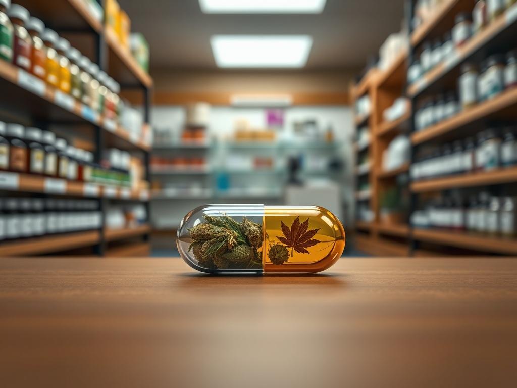 Create a realistic high-resolution close-up photograph of a medical marijuana capsule product prominently displayed in a well-lit environment. The capsule should be the sole subject, positioned at the center of the frame to capture its details clearly. Ensure the capsule has vibrant colors, showcasing its transparent casing that reveals the distinct green and yellow herbs inside, reflecting quality and care.

The background should be simple and unobtrusive, perhaps featuring a soft-focus image of a well-org