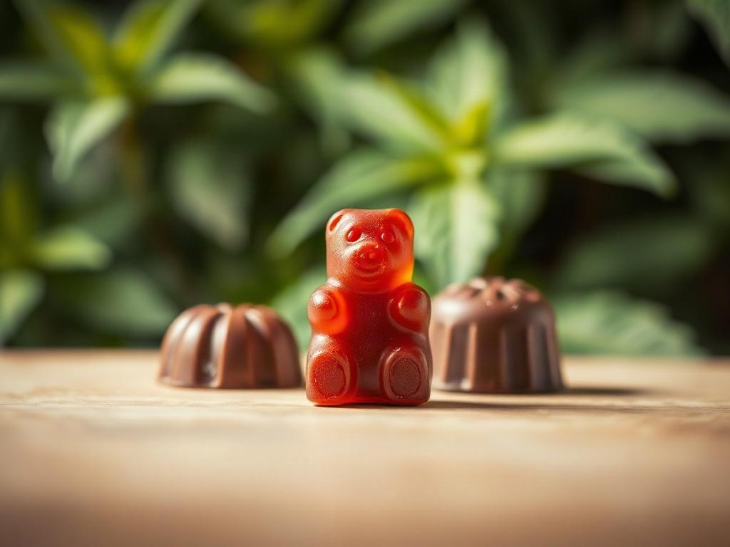 Create a realistic high-resolution photo focused on a single cannabis product to reflect the blog titled "Edibles vs. Smokables: Which Is Right for You?". The subject should be a beautifully arranged cannabis edible, such as a gourmet cannabis-infused chocolate or a vibrant cannabis gummy bear, placed prominently in the center of the image. Behind the edible, use a soft-focus, natural background featuring blurred green foliage to evoke a relaxing outdoor atmosphere, suggesting the connection to nature and w