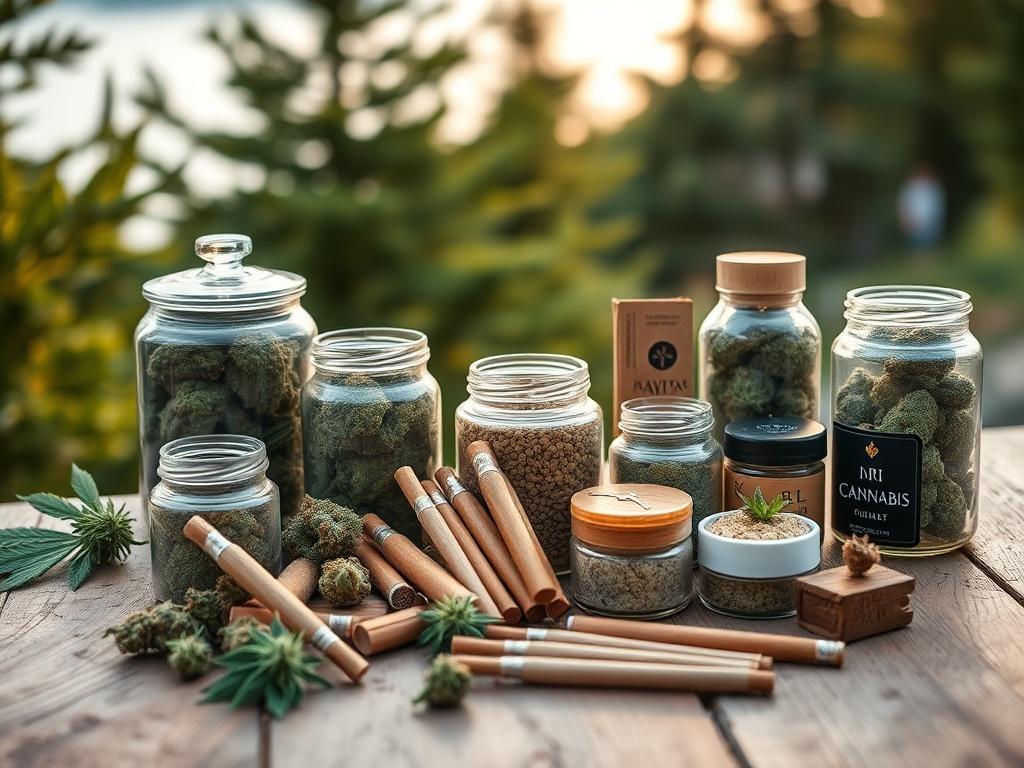 Create a realistic high-resolution photo that captures the essence of Maine’s cannabis tourism. The image should feature a beautifully arranged display of cannabis products, specifically a selection of different strains artfully presented on a wooden table. The products should include jars of various strains, pre-rolled joints, and cannabis-infused edibles, showcasing the diversity within the cannabis offerings in Maine.

The background should include elements of Maine’s natural beauty, such as soft, blurre