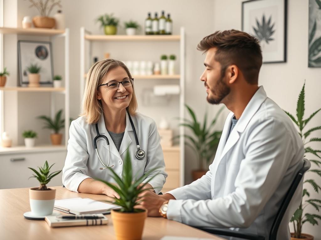 Create a realistic high-resolution photo that visually represents the concept of a medical marijuana clinic helping individuals with PTSD. The composition should be simple and clear, focusing on a single subject. 

Subject: A compassionate medical professional (a middle-aged woman with a warm smile, wearing a white lab coat and stethoscope) is seated at a desk, consulting with a patient. The patient, a young man in casual clothing, looks hopeful and engaged during the conversation.

Background: The setting 