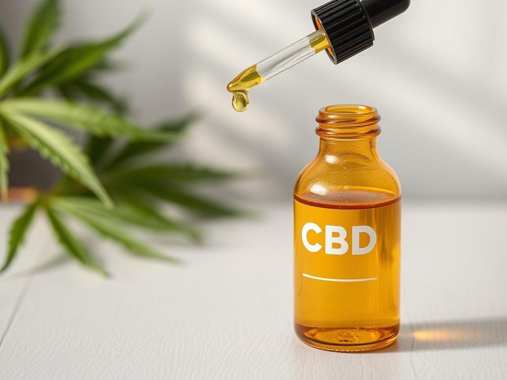 **AI Image Generation Prompt:**

Create a realistic high-resolution photo of a single glass dropper bottle filled with golden CBD tincture, prominently displayed on a clean, matte white wooden surface. The bottle should be slightly open, with a drop of tincture hanging from the dropper top, glistening in the light for a fresh and inviting appearance. In the background, incorporate subtle hints of green leaves, perhaps from a cannabis or hemp plant, blurred to ensure the focus remains on the tincture bottle 