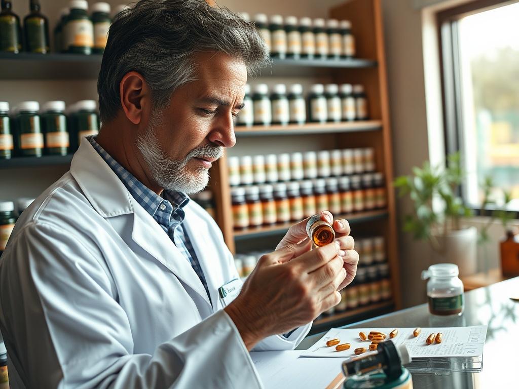 Create a realistic high-resolution photo focusing on a singular subject: a knowledgeable budtender at a medical marijuana dispensary meticulously examining a capsule product. The budtender, a middle-aged person of diverse descent, should be wearing a professional-looking lab coat with a name badge. Their expression should convey concentration and expertise as they inspect the product, gently holding a capsule bottle in one hand and examining a selection of capsules with the other.

The background should be 