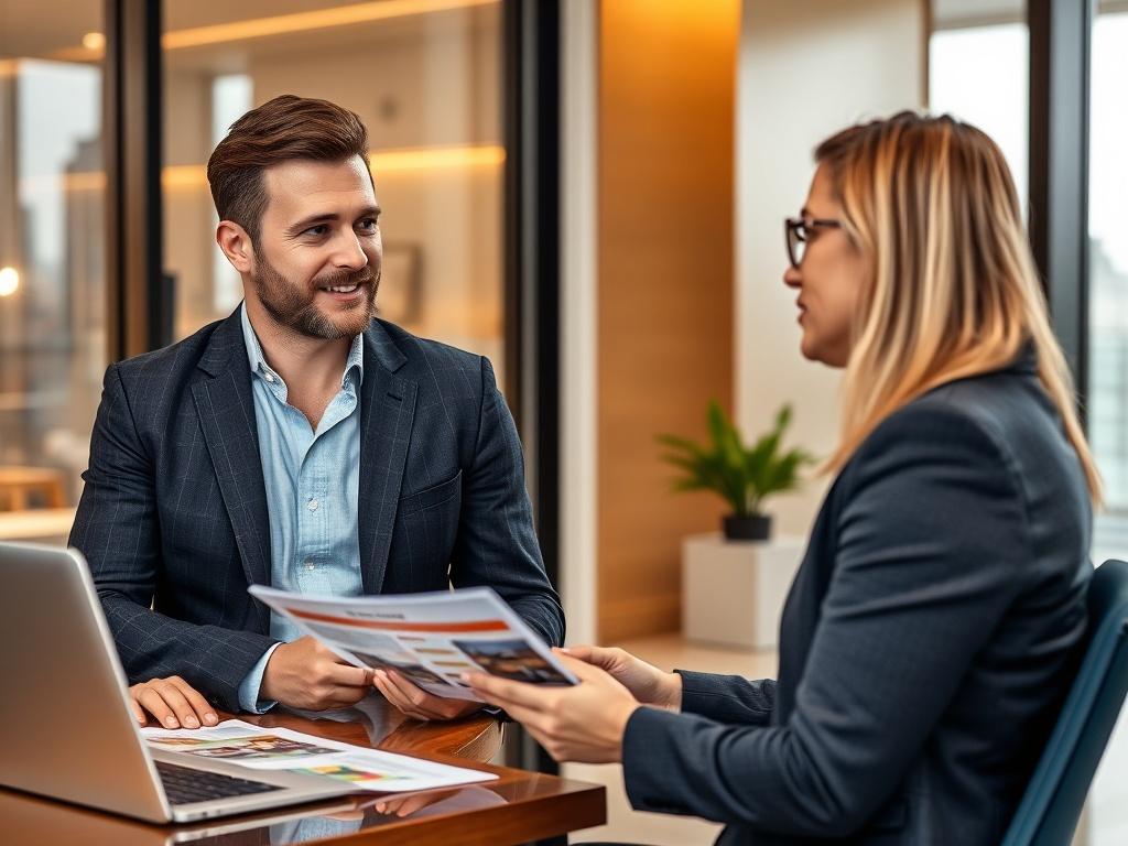 A hyper-realistic close-up photograph of a confident real estate agent discussing property details with a client in a modern office setting. The background should feature sleek design elements, such as a large window showing a cityscape, and a stylish desk with property listings and a laptop. The focus should be on the agent's engaging expression and the client's attentive demeanor. The lighting should be warm and inviting, highlighting the professionalism of the setting.