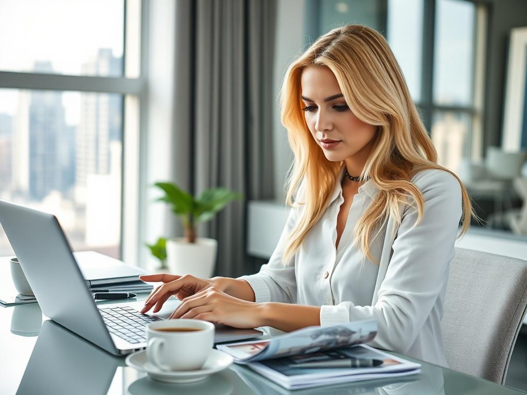 A blonde woman sitting at a modern desk, deeply focused on researching the real estate market on her laptop. She has a thoughtful expression, surrounded by a few real estate brochures and a cup of coffee. The background is bright and airy, with a large window letting in natural light, showcasing a view of a cityscape. The composition highlights her engagement with the laptop screen, emphasizing the theme of market research in real estate.