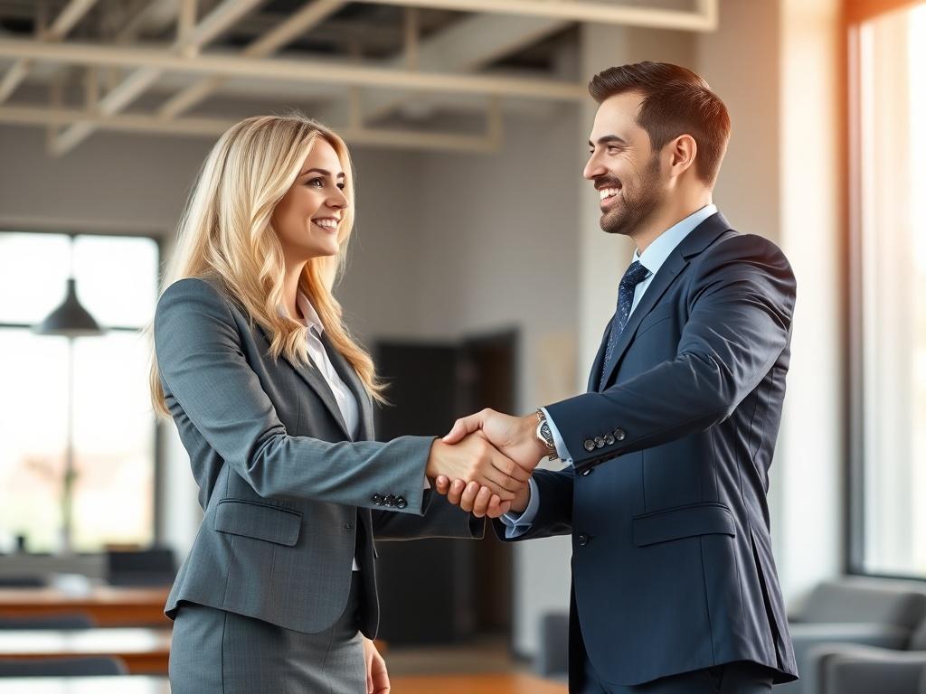 A high-resolution photo of a blonde woman similar to the main photo shaking hands with a man in a professional setting. The woman is dressed in a smart business outfit, exuding confidence and professionalism. The man is also in business attire, smiling and engaging with her. The background features a modern office space with natural light, creating a warm and inviting atmosphere. The composition should focus on the handshake, capturing the moment of collaboration and agreement without any cropped images.
