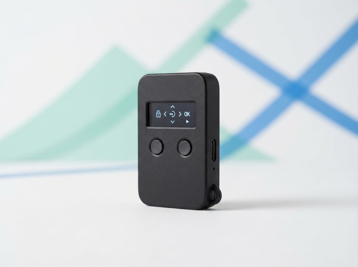 Matte black hardware wallet device shown upright against a clean light background