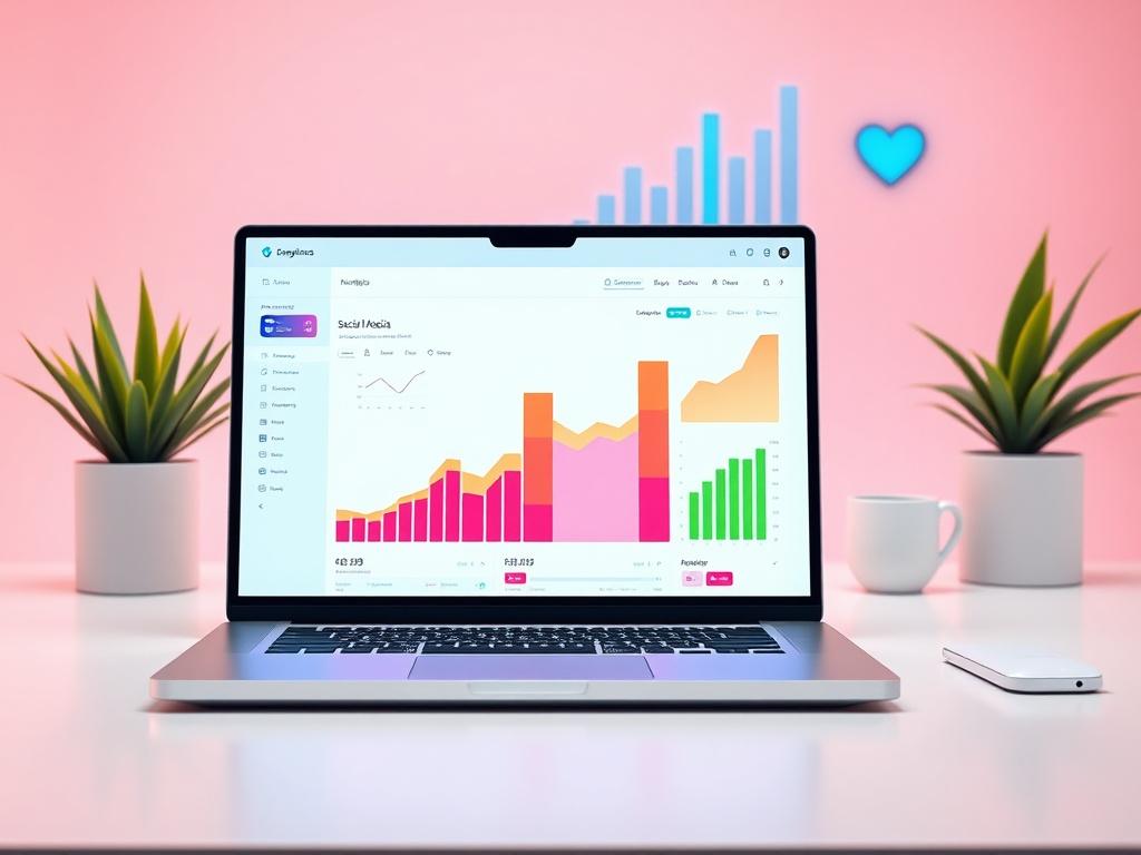 A modern digital workspace with a laptop displaying social media
