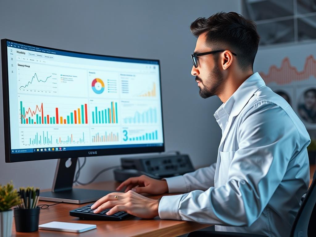 A digital marketing expert analyzing SEO metrics on a computer