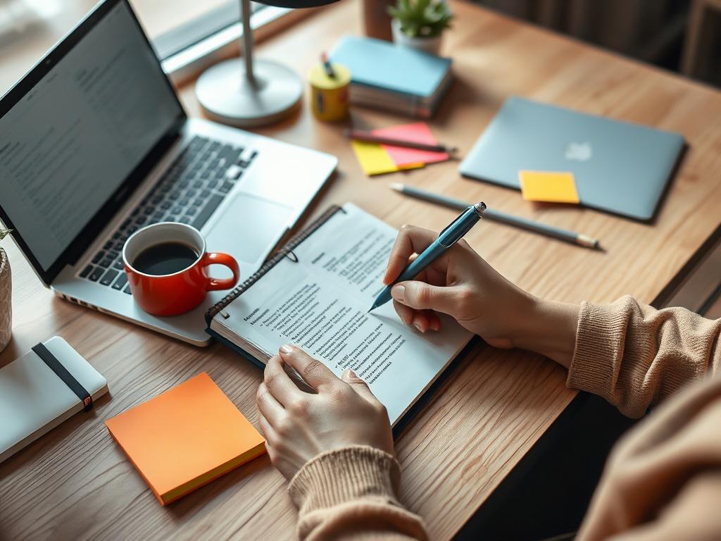 A creative workspace showcasing a writer drafting content on a
