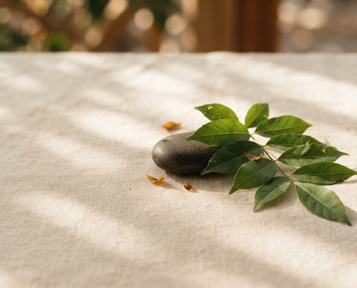 Morning light falls across green leaves and a smooth stone