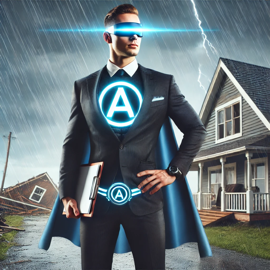 dall·e 2025-03-24 11.39.00 - a professional superhero-style claims adjuster standing confidently with a glowing 'a' emblem on their chest, representing 'the adjustables'. the adju.webp