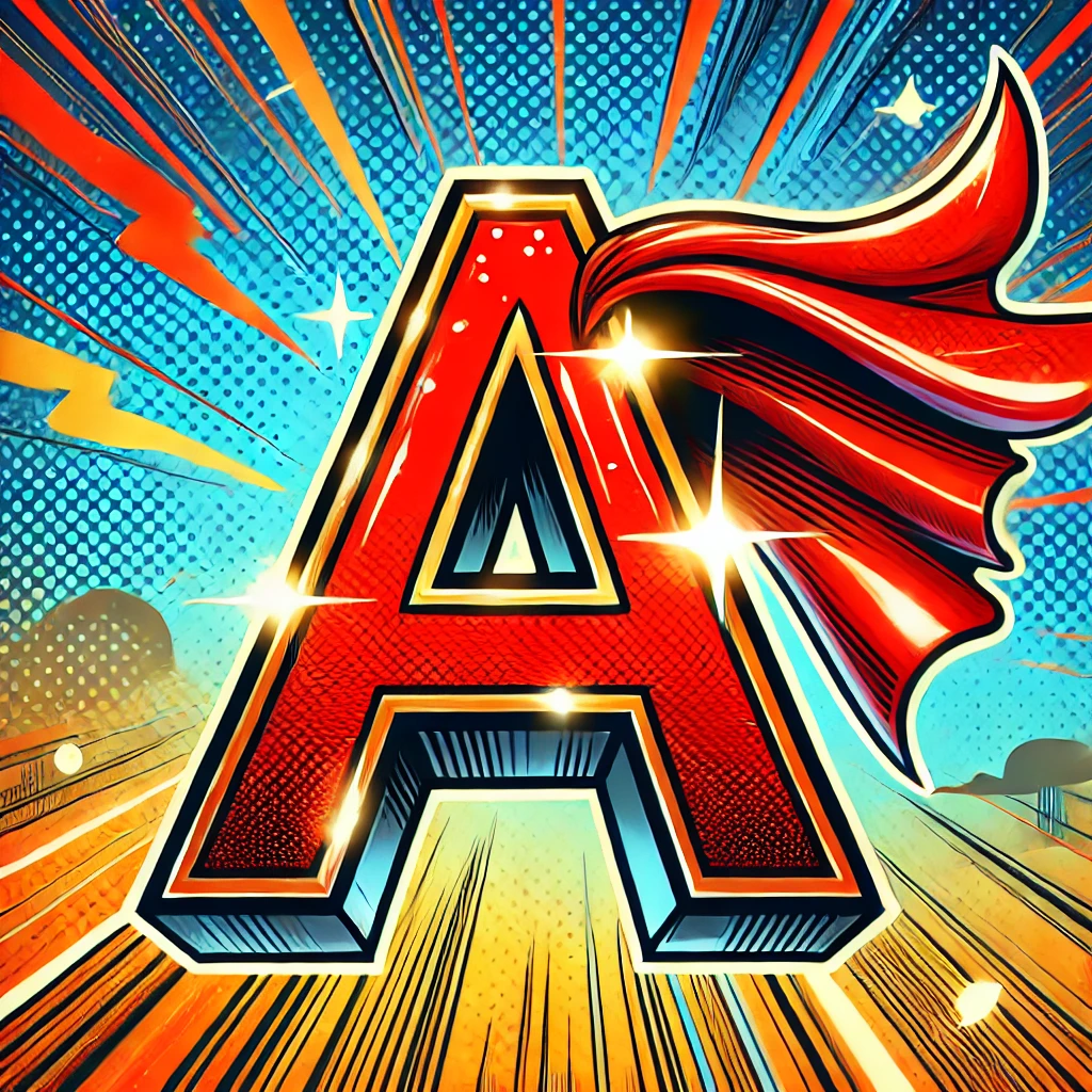 dall·e 2025-03-24 12.24.50 - a comic book-style illustration of a bold, glowing letter 'a' wearing a flowing red superhero cape. the 'a' is stylized with dynamic lines, shadows, a.webp