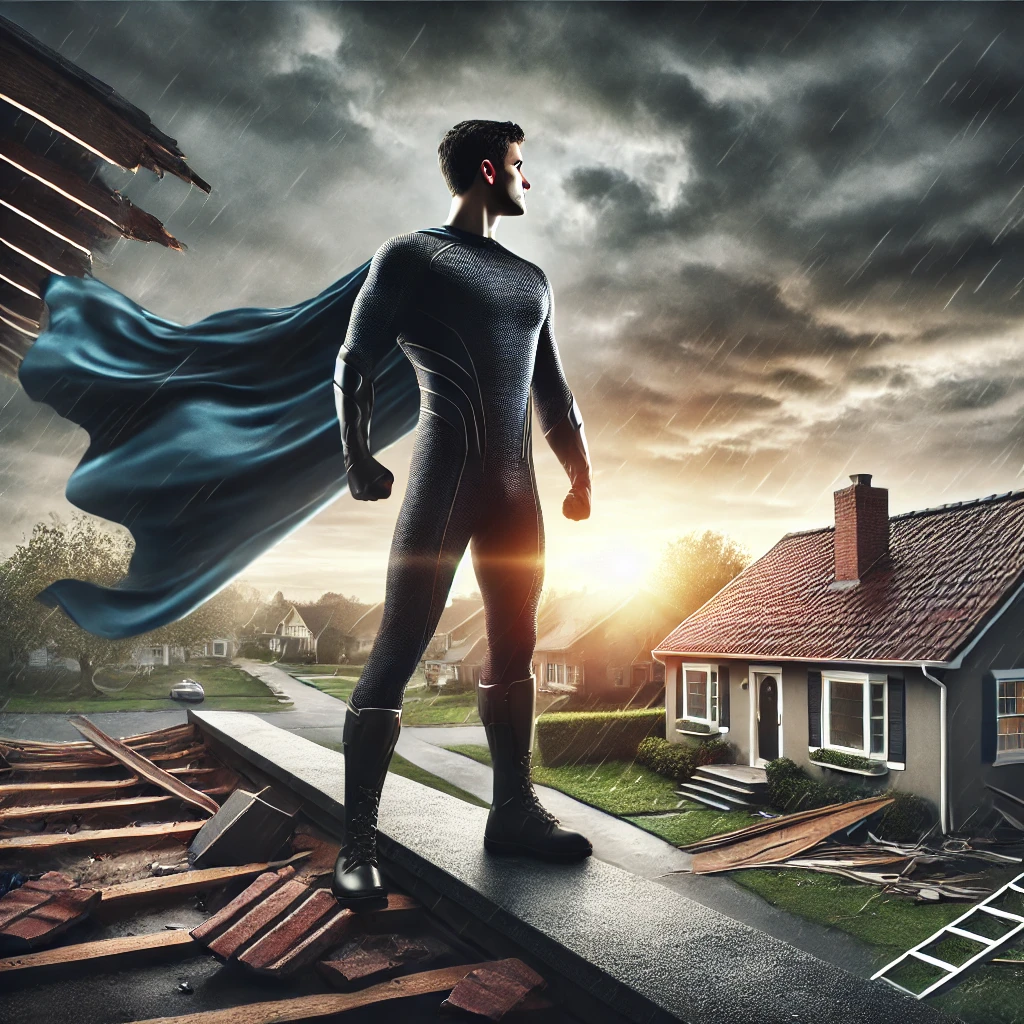 dall·e 2025-03-24 11.35.23 - a superhero standing on a rooftop or ledge, overlooking a suburban house with visible storm damage (broken roof tiles, debris, etc.). the superhero ha.webp