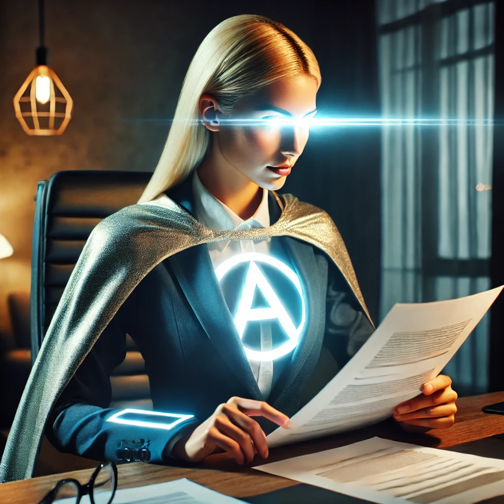 dall·e 2025-03-24 11.58.01 - a blonde female superhero in a professional office setting, using x-ray vision while reviewing documents at a desk. she is wearing a sleek business su.webp