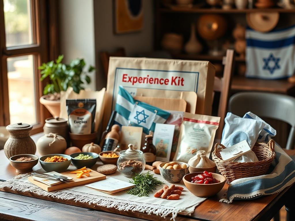 A vibrant, neatly arranged Cultural Experience Kit displayed on a wooden table, featuring traditional recipes, craft materials, and artifacts from Israel. Soft natural light illuminates the kit, showcasing its colorful contents and inviting atmosphere.