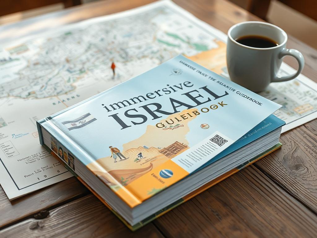 A close-up shot of a beautifully illustrated travel guidebook titled 'Immersive Israel Guidebook,' resting on a rustic wooden table, surrounded by a map of Israel and a coffee cup. The background shows soft natural light, highlighting the book's vibrant colors and detailed illustrations.