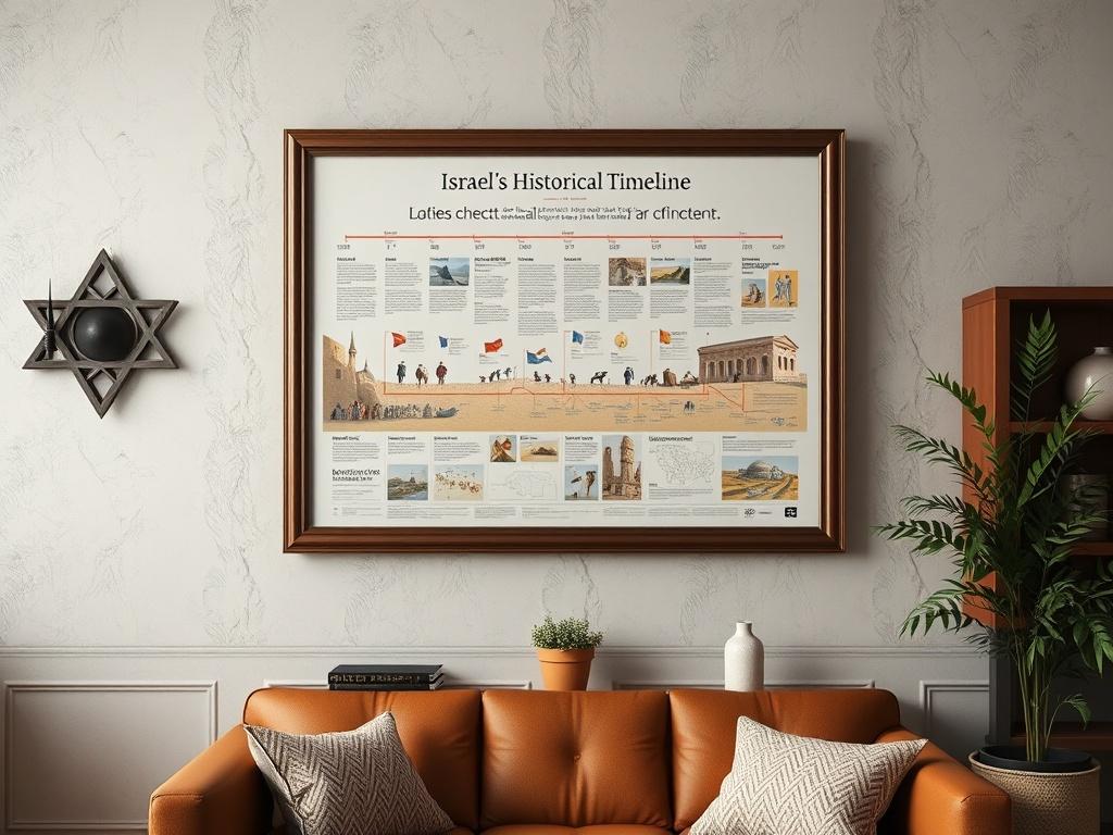 A high-resolution image of the Israel's Historical Timeline Poster displayed prominently on a well-decorated wall. The poster features vibrant illustrations and text detailing key historical events, with a stylish frame that enhances its aesthetic appeal.