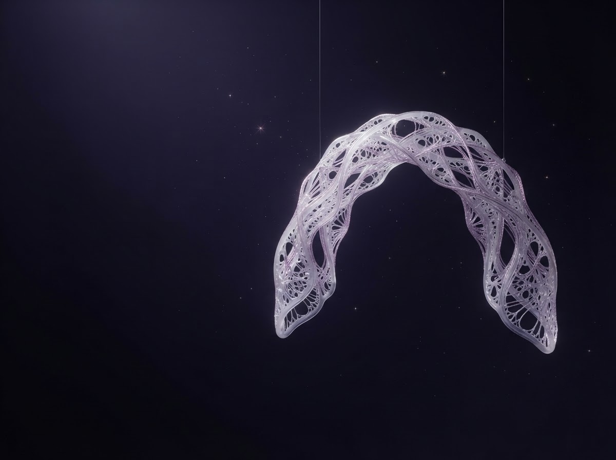 An airy lilac glass lattice sculpture against a dark violet background
