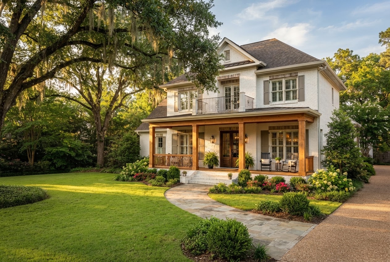Welcoming Southern home framed by mature trees in Pearl, Mississippi