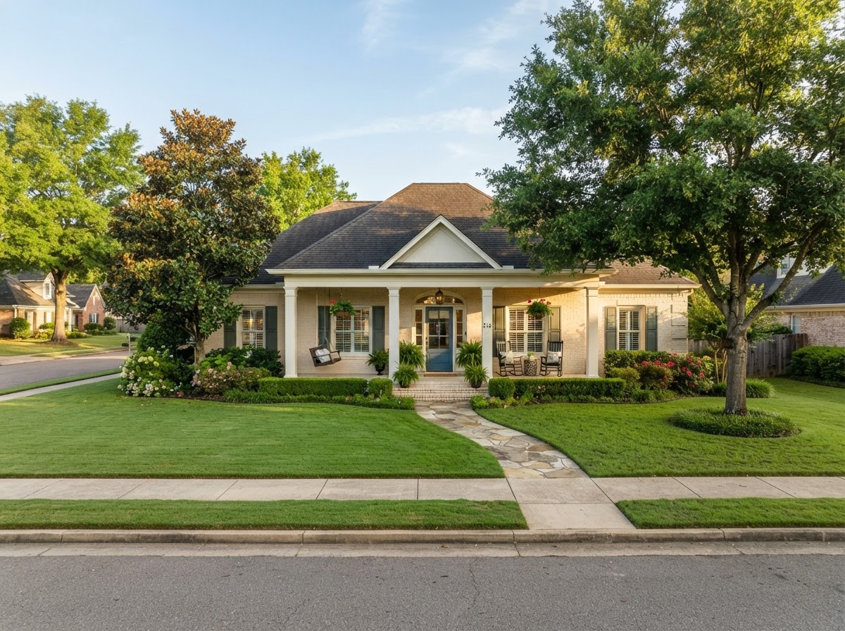 Welcoming brick home with a broad front porch in a Mississippi neighborhood