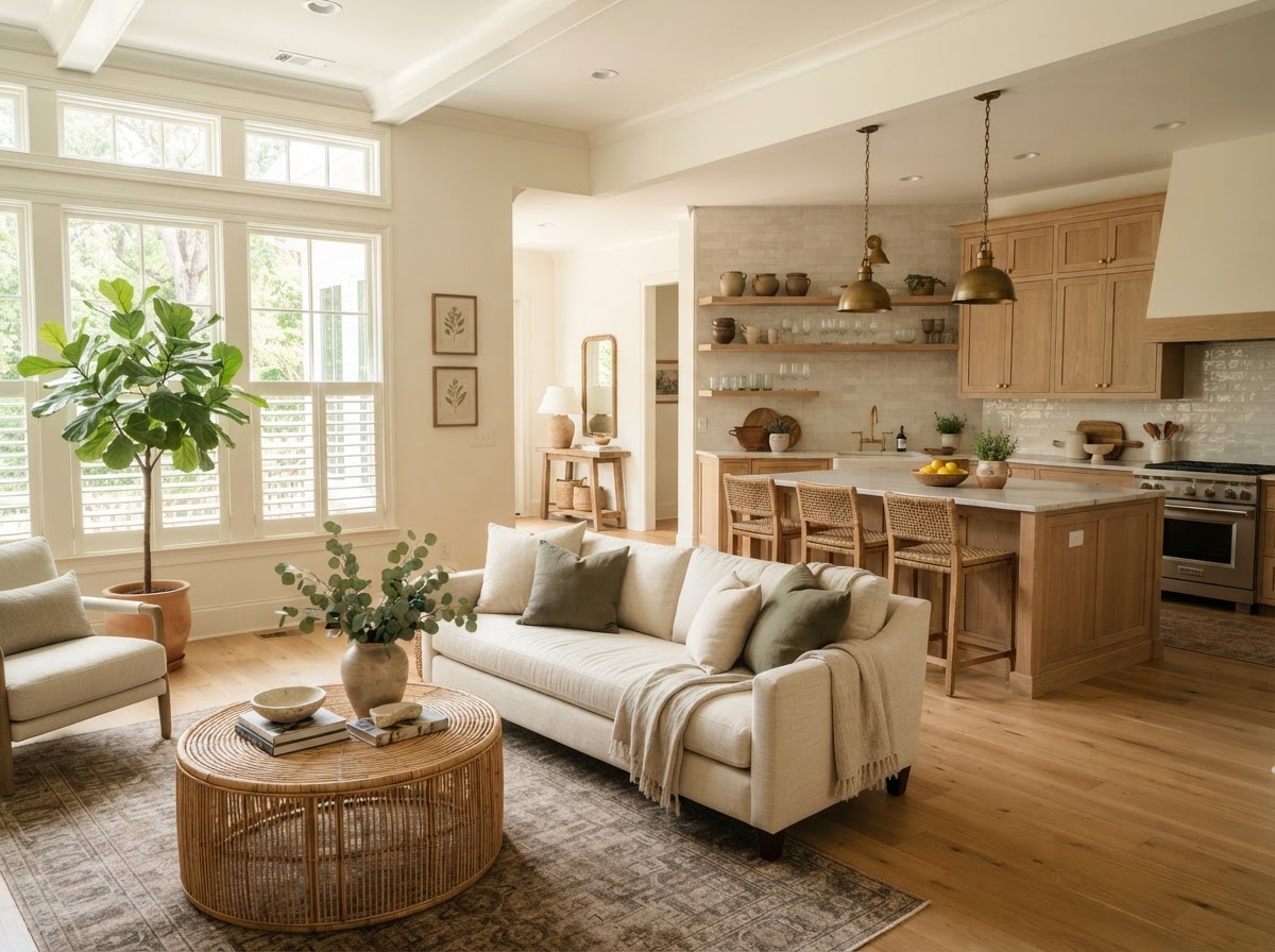 Sunlit living room and kitchen in a welcoming Mississippi home
