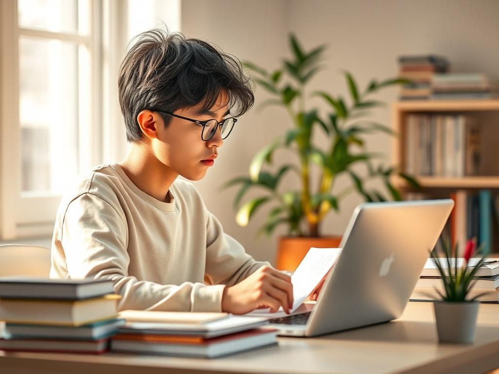 A focused student studying for exams in a bright, peaceful