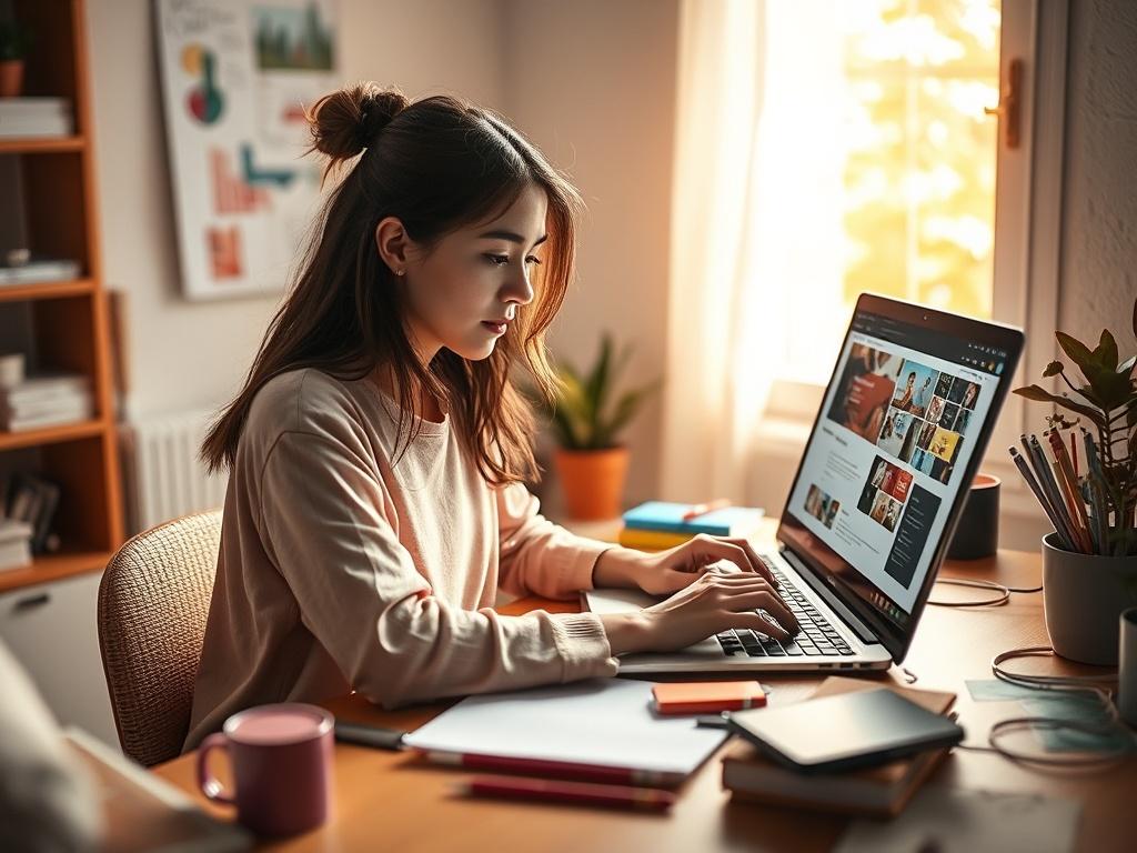 A young woman actively designing a website on her laptop,