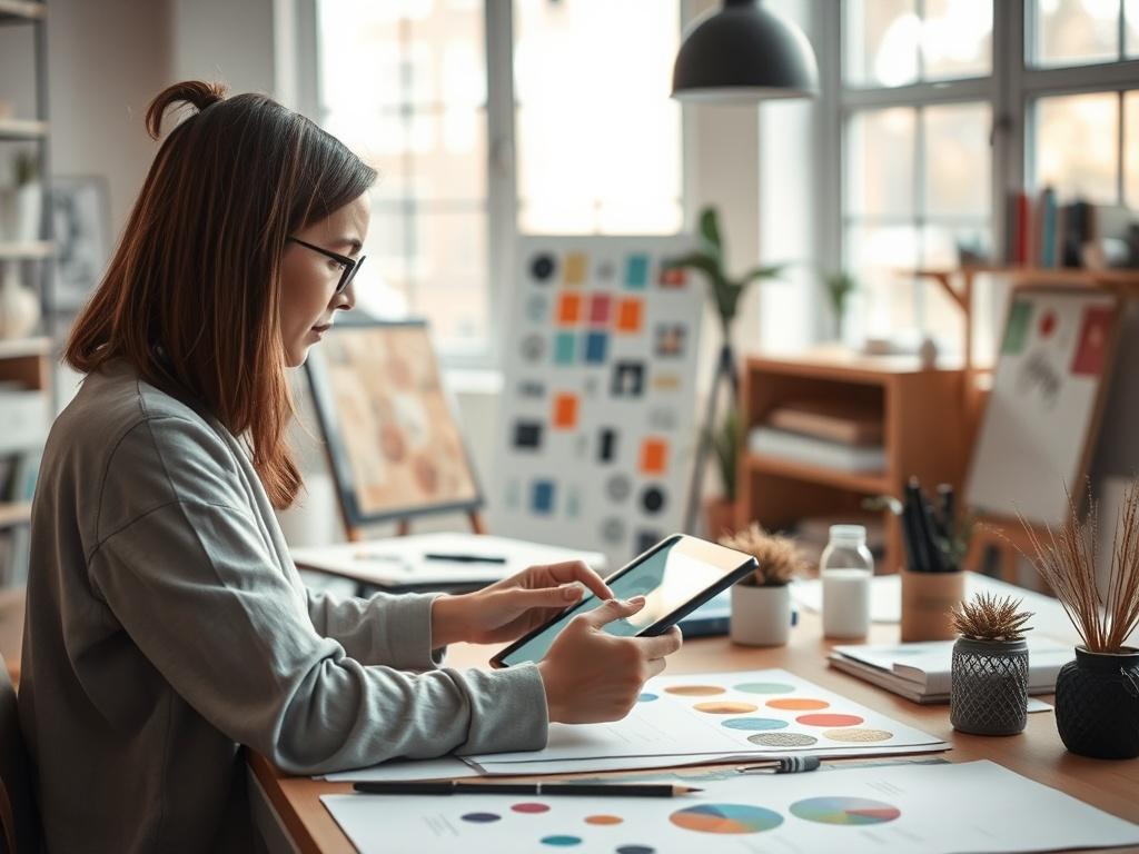 A focused graphic designer working on a digital tablet, surrounded