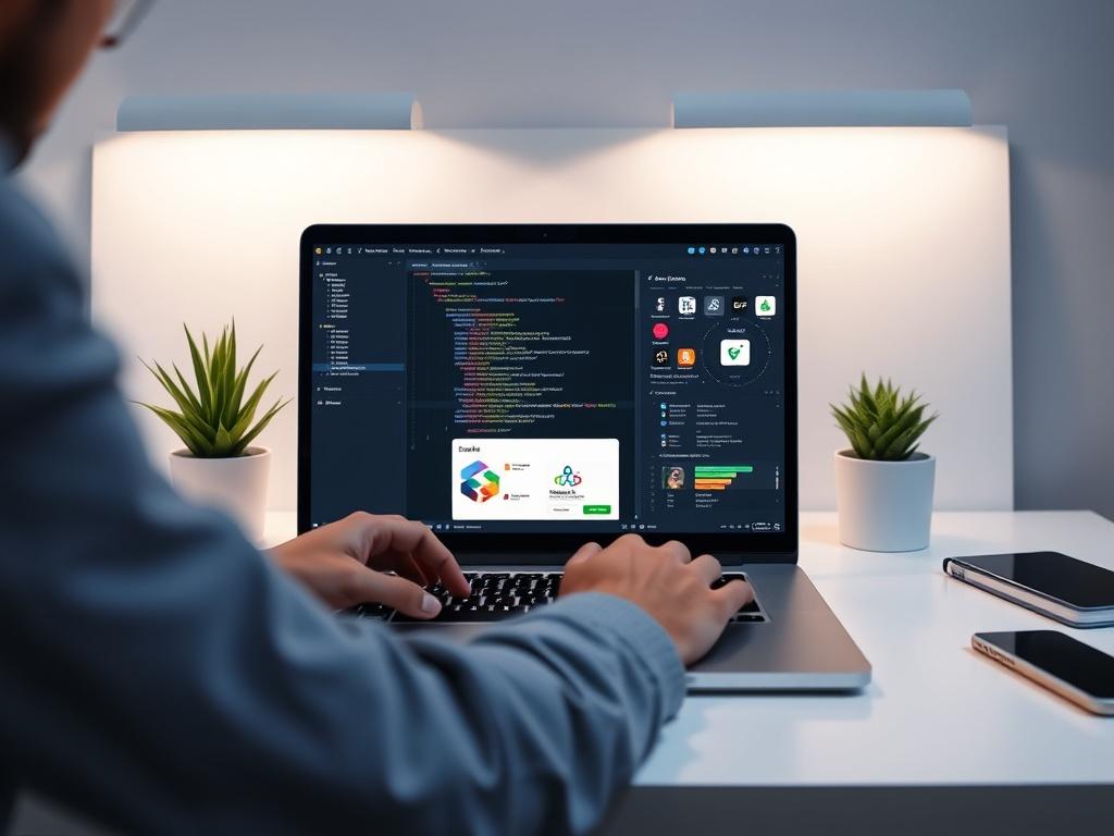 A sleek workspace with a developer working on a laptop,