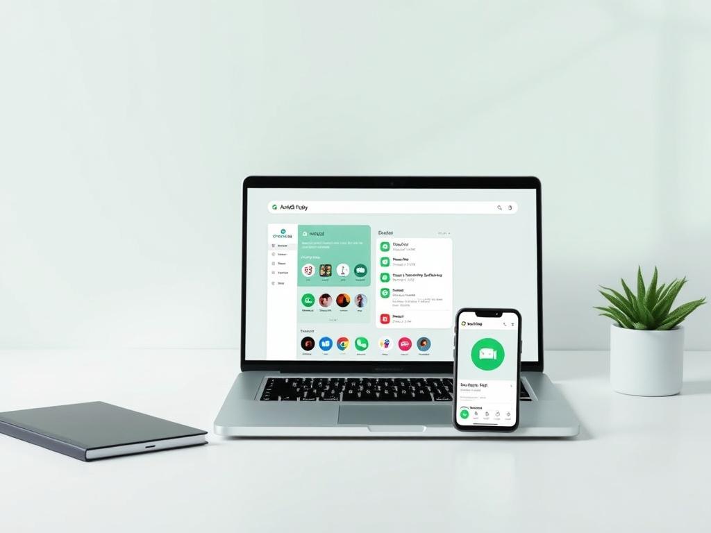 A minimalist workspace featuring a laptop displaying a vibrant Android