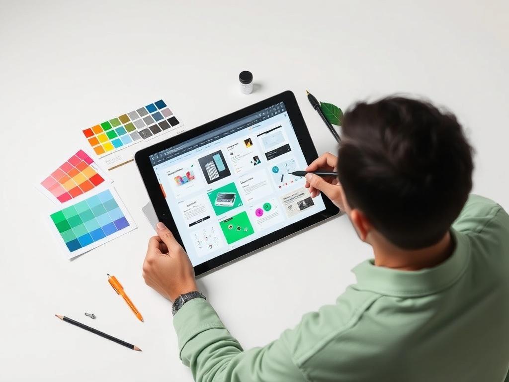 A designer sketching on a tablet with design prototypes visible
