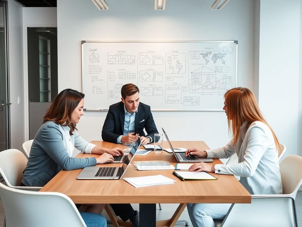 A professional team meeting in a modern office, discussing project