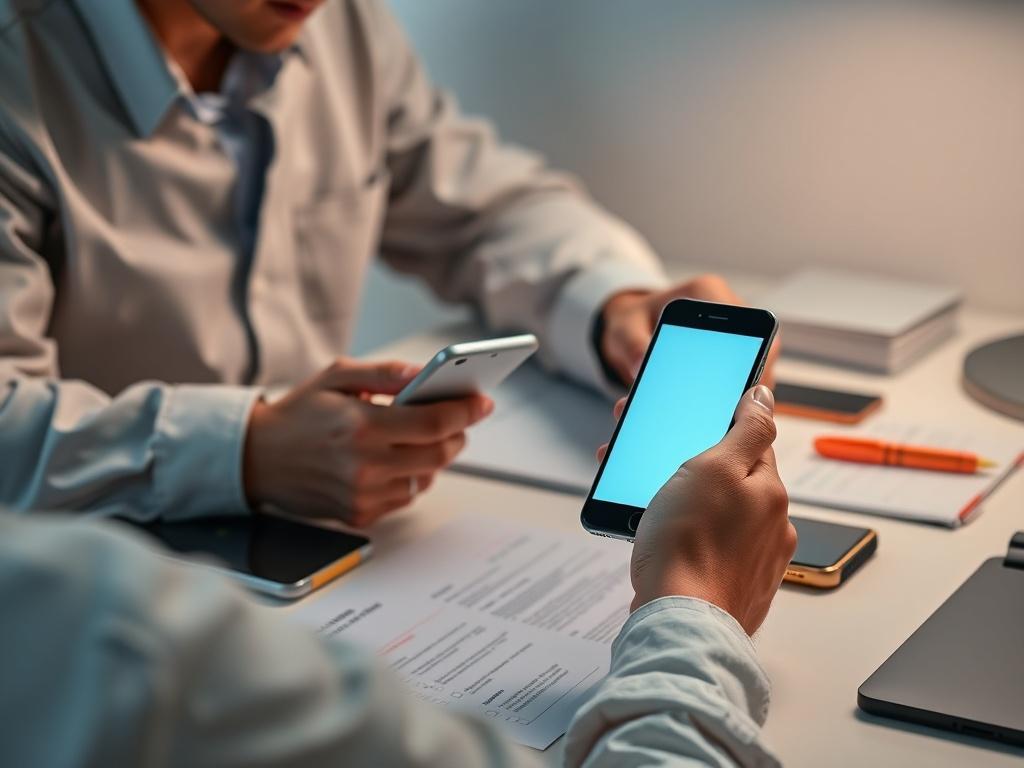 A QA specialist testing a mobile app on a smartphone,