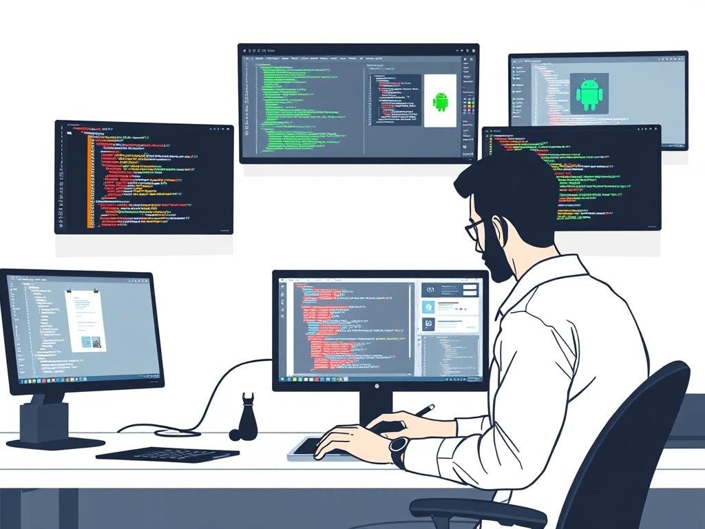 A developer coding an Android app on a laptop, surrounded