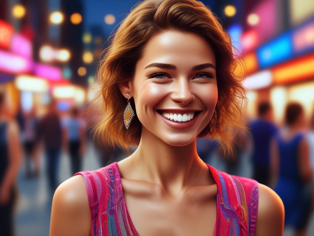 A lively and dynamic scene featuring a beautiful woman in