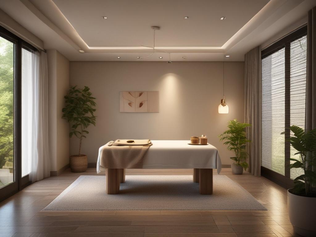 A serene and calming spa setting with a massage table