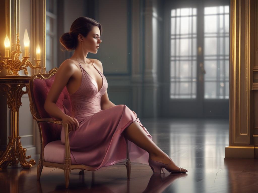A beautiful, elegant woman in a seductive pose, dressed in
