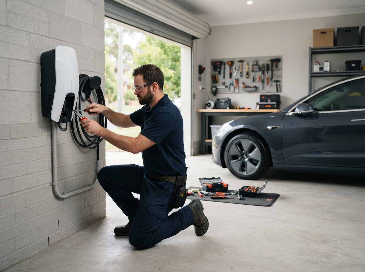 Electrician installing an EV charger in a home garage