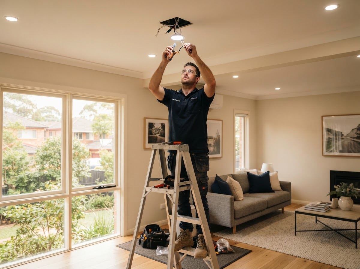 Electrician installing LED downlights in a living room
