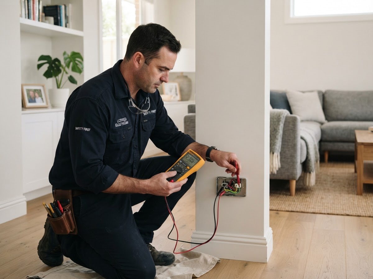 Electrician testing a power point during fault diagnosis